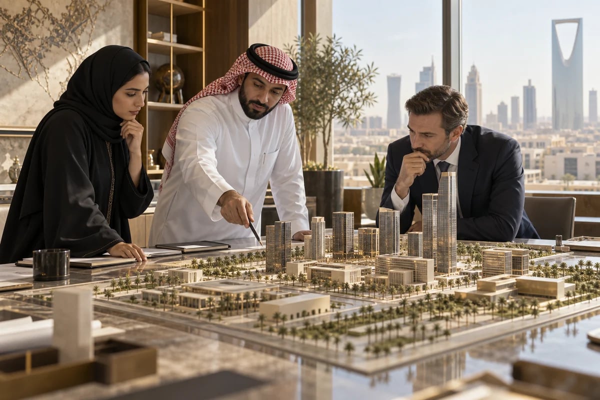 فريق تطوير أعمال يدرس نموذجًا لمنطقة تجارية